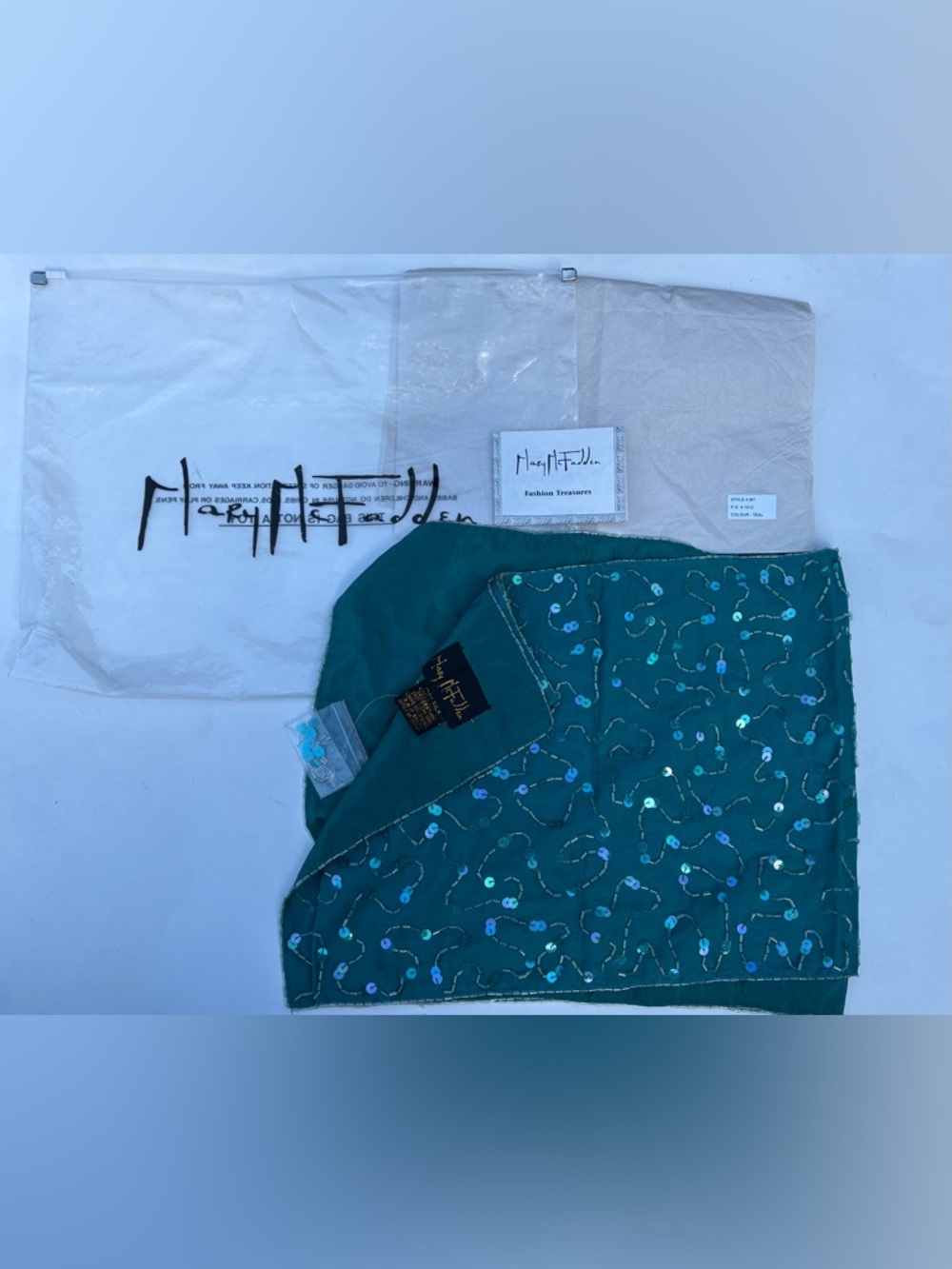 Vintage Mary McFadden Teal Beaded Scarf Original Bag Cards 100% Silk Boho Chic